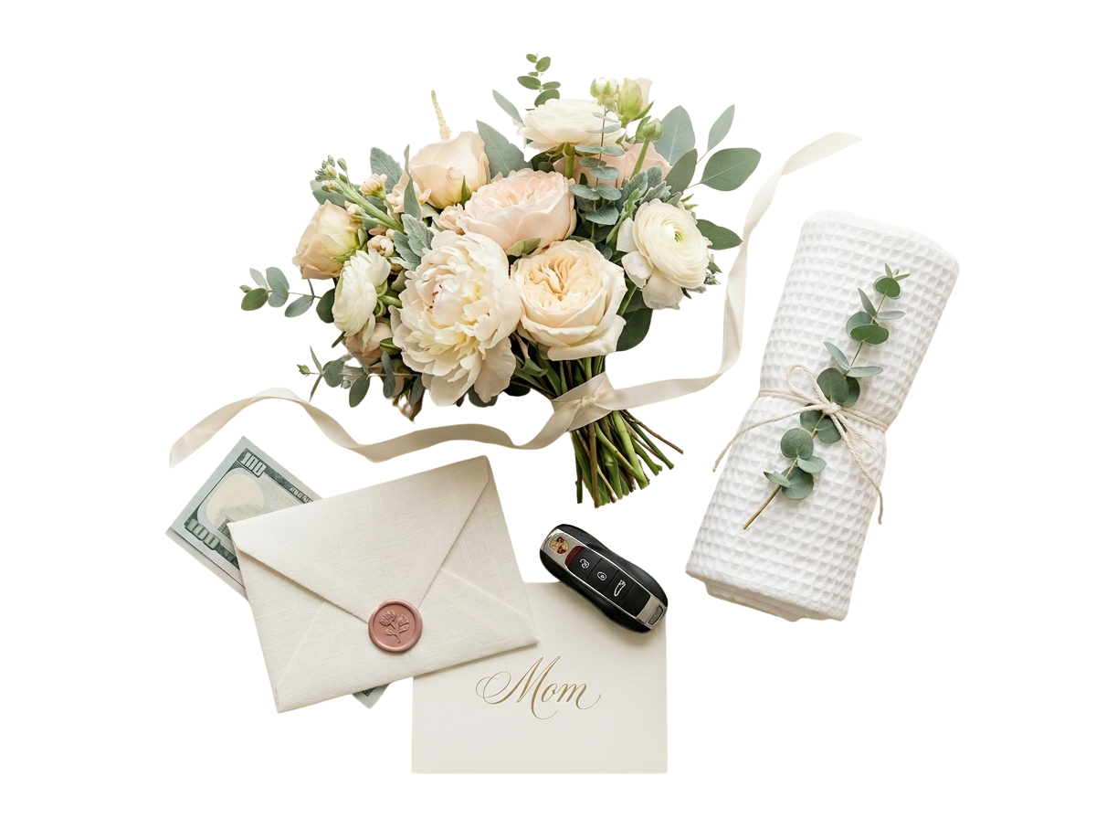 A bouquet of cream peonies and roses, a rolled spa towel with eucalyptus, an ivory envelope with a rose wax seal, a Mom card in gold script, a car key, and a folded hundred-dollar bill.